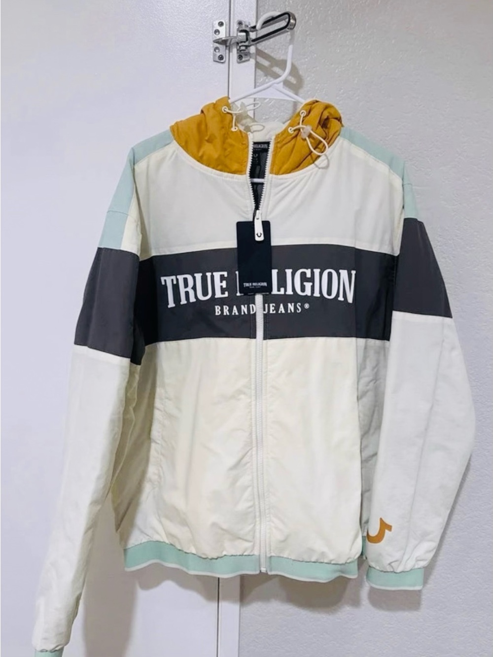 True Religion Cream, Mustard & Mint Colorblock Hooded Puffer Jacket